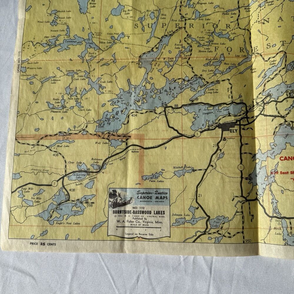 Vintge Fisher Co Superior Quetico Original Canoe Map 1952 Burntside Basswood 112 - Picture 5 of 11